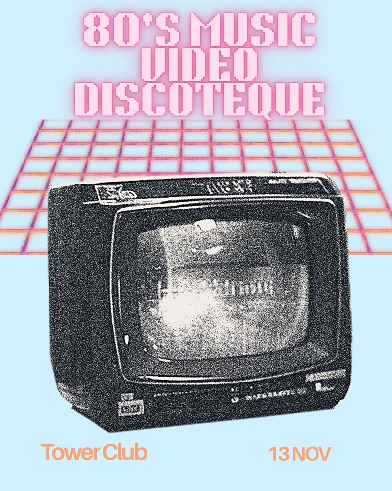 Poster: black-and-white TV on a pink grid, Tower Club 13 Nov